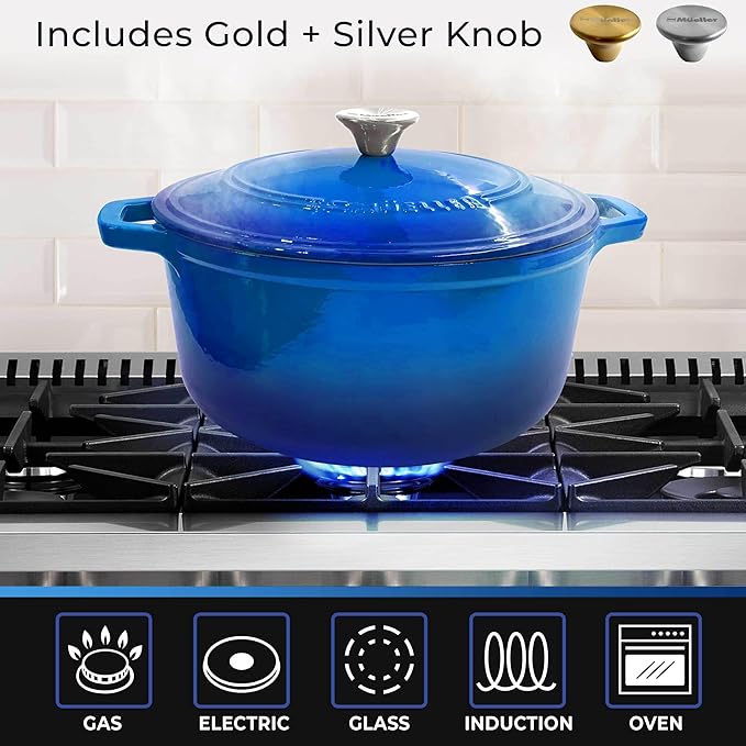 Mueller 6qt Enameled Cast Iron Dutch Oven, Heavy-Duty Casserole and Braiser Pan with Lid and Knob, Oven-Safe up to 500° F & Across All Cooktops, Aqua Blue
