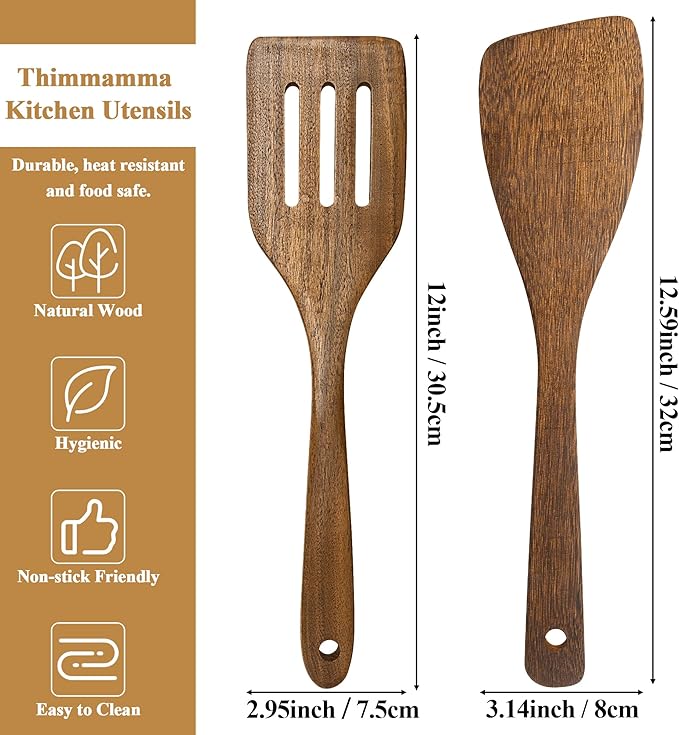 Wooden Spatula Nonstick Turner Acacia Wood, 12" Long Handle Flat Frying Spatulas Handmade for Kitchen Gifts, Ideal Cookware Utensils for Cooking Eggs, Fish, Pancakes, 2 Pack