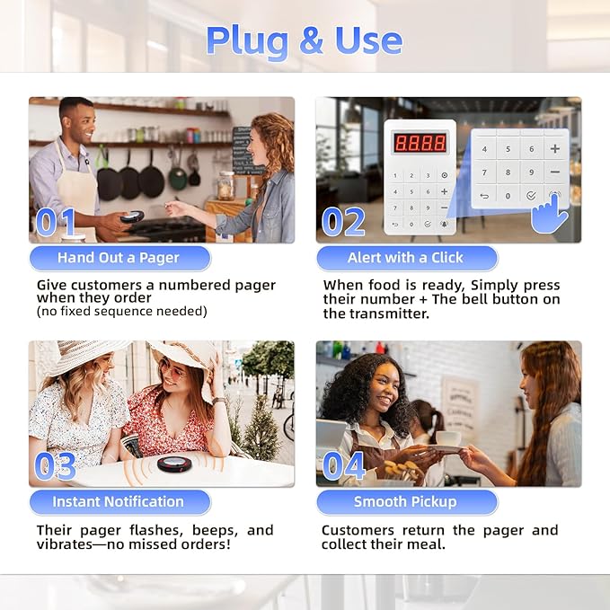 Restaurant Buzzer System, 10 Coaster Beeper Pager System with Buzzer, Customer Queue Pagers Set with Vibration, Flashing and Buzzer, for Food Truck, Church, Nursery