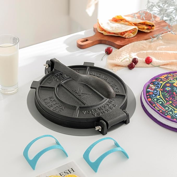 Movaluxe® Tortilla Press 10 Inch Cast Iron XL – Corn & Flour Roti Maker Machine Heavy Duty Tortillera Presser. With Parchment Paper, Warmer Pouch, Taco Holders, Rubber Mat & Digital Culinary Guide