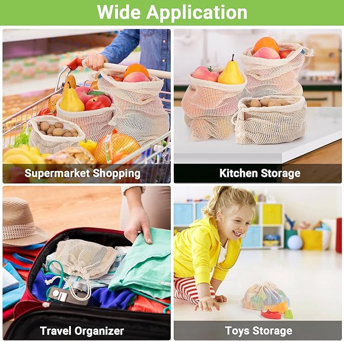 Pack of 6 Reusable Produce Bags Washable, 3 Sizes (2xS+2xM+2xL) Reusable Grocery Bags Heavy Duty Cotton Bag Mesh Bags for Vegetables, Enhanced Closure Edge, Double Stitched, with Tare Weight