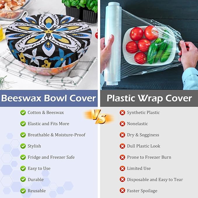 5-Size Reusable Beeswax Bowl Covers for Bread Proofing, Cotton Cloth Flexible Beeswax Wraps for Food Storage(Moroccan Style)
