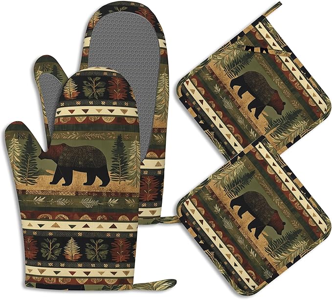Oven Mitts and Pot Holders Sets Rustic Bear Silicone Kitchen Mits Potholders Cabin Forest Mountain Heat Resistant 4Pcs Oven Gloves Hot Pads for Baking Cooking BBQ Grilling Home Decor