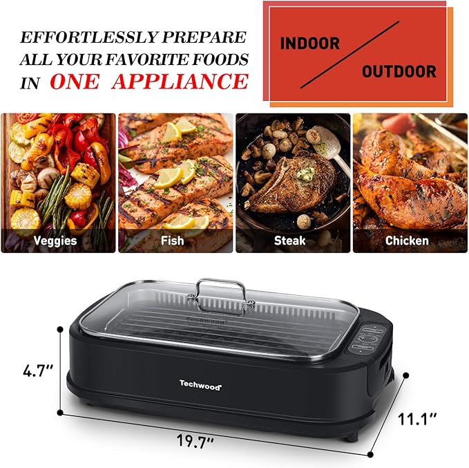 Indoor Grill, Techwood 1500W Smokeless Electric Grill with Tempered Glass Lid, Compact & Portable Non-Stick BBQ Grill with 6-Level Control, Dishwasher Safe, Black