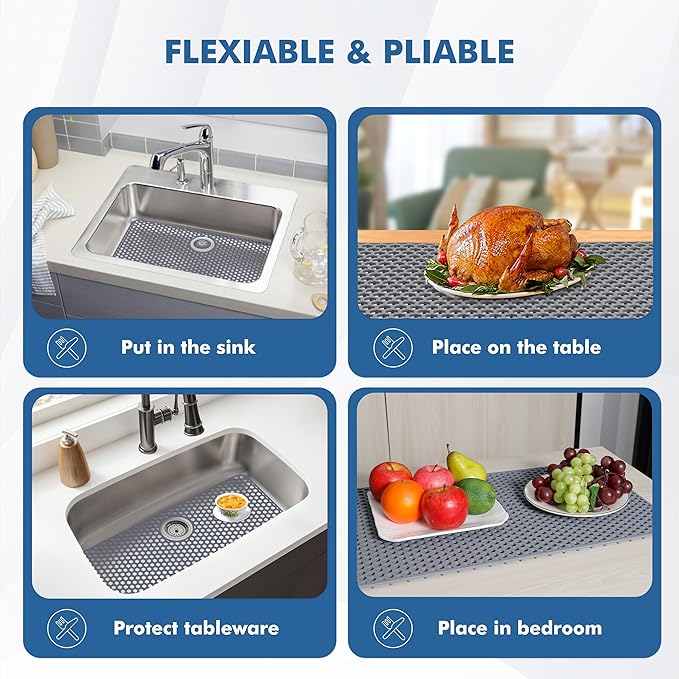 Bestjing Silicone Sink Protectors for Kitchen Sink with Rear Drain - 28.3"x 15.7" Kitchen Protector Accessory, Non-Slip Heat Resistan Mat for Bottom of Farmhouse Stainless Steel Porcelain(Gray)