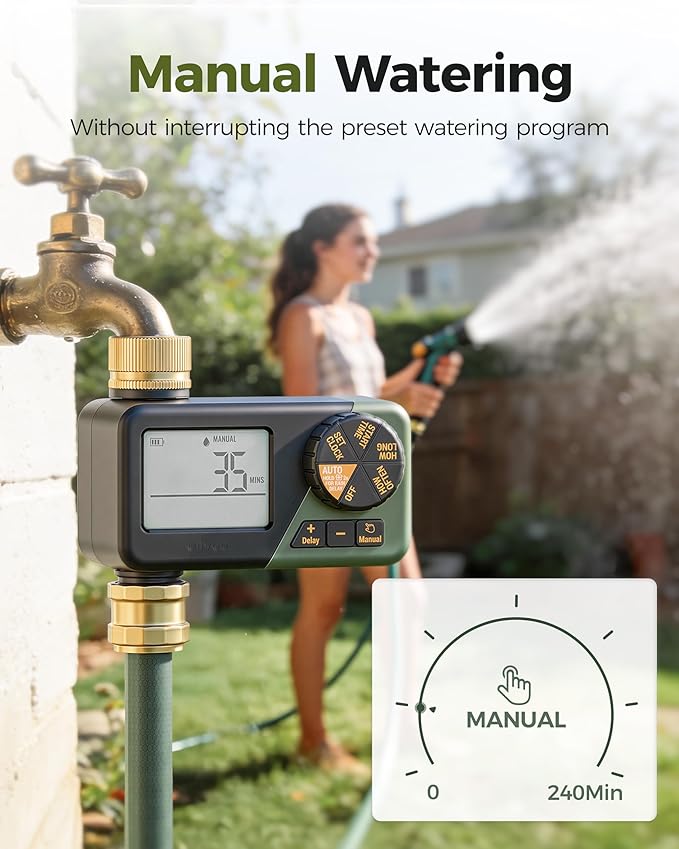 Diivoo IP66 Waterproof Brass Hose Timer, Programmable Sprinkler Timer with Large Display, Rain Delay & Manual Mode – Outdoor Automatic Irrigation System for Garden, Lawn & Yard