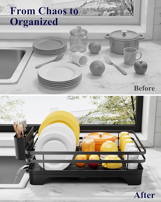 Kitsure Dish Drying Rack - Multi-Functional Dish Rack for Kitchen Counter with Cutlery Holder, Rust-Proof Storage Solution with Rotatable, 15.7" x 12.0" x 5.5", Black
