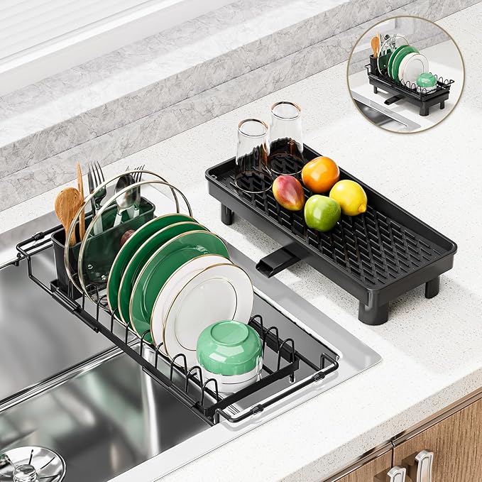 SanDream Dish Drying Rack, Small Over Sink Dish Drying Rack, Expandable Over the Sink Dish Drying Rack with Drip Tray for Kitchen Counter & in Sink
