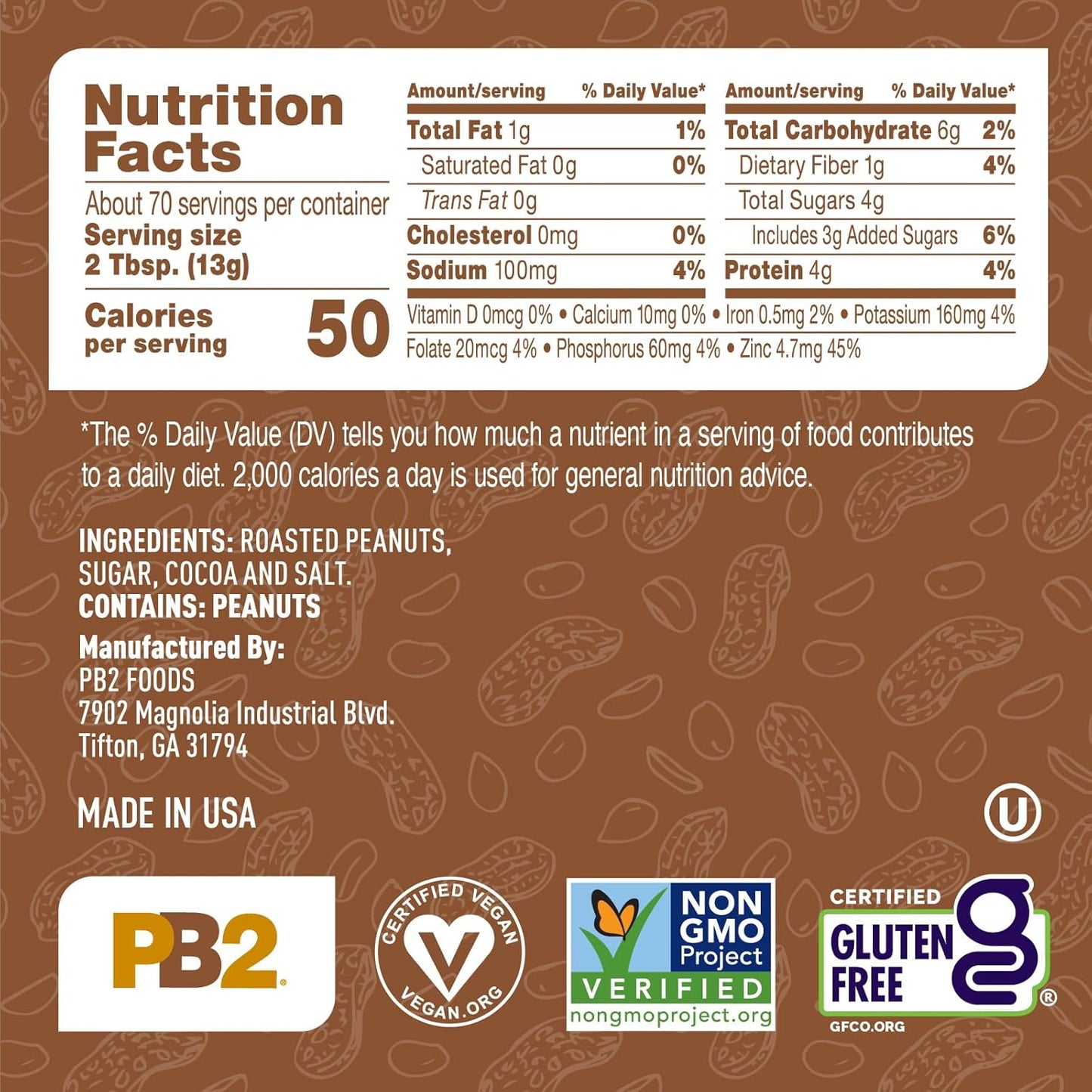 PB2 Powdered Chocolate Peanut Butter with Cocoa | 2lb Jar | 4g of Protein, 90% Less Fat, Certified Gluten Free, Only 50 Calories per Serving for Shakes, Smoothies, Low-Carb, Keto Diets
