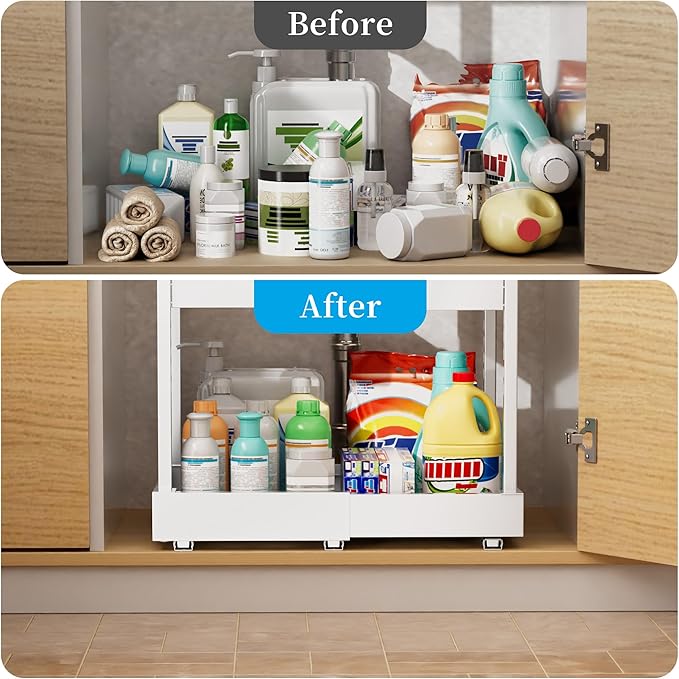 NEWMATIC Adjustable Under Sink Organizer Pull Out Drawers, 2-Tier Slide Out Cabinet Storage Shelf for Kitchen Sink, Height & Width Extendable White, 15''D x 13''-20.5''W x 15''H(1Pack)