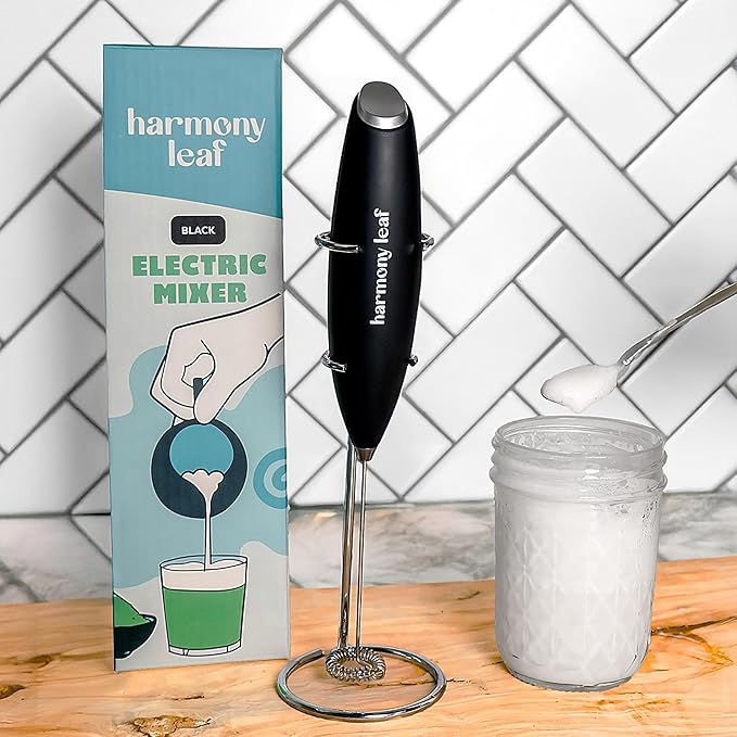 Harmony Leaf Handheld Milk Frother, Stainless Steel Electric Drink Mixer with Stand, Battery Operated Coffee Frother for Lattes, Matcha, Hot Chocolate and More, Black