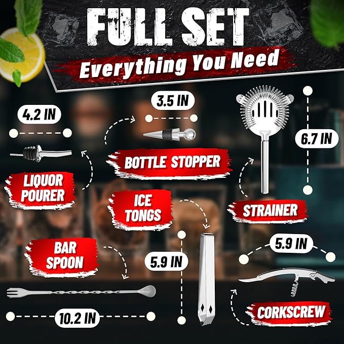 Cocktail Shaker Set of 10 – Stainless Steel Mixology Bartender Kit with 10 Accessories, Easy to Clean Bar Tool Set | Wooden Organizer for Home Bar Setup, Great Gift for Cocktail & Drink Enthusiasts