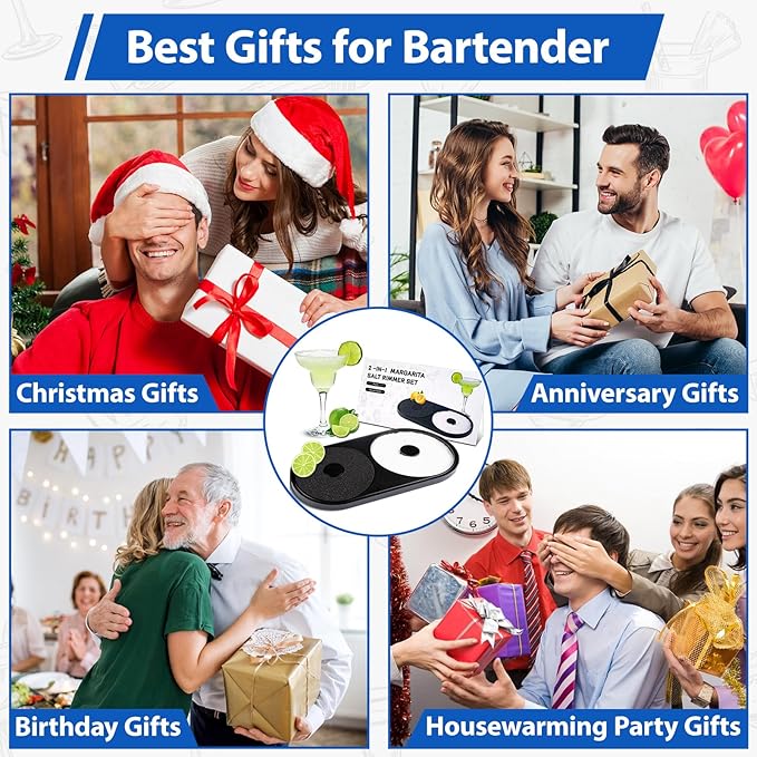 Margarita Salt Rimmer Set, 2 Pack Bar Salt and Sugar Rimmer with Sponge, 2-in-1 Bar Glass Cocktail Rim Set, Dishwasher Safe Black Barware Tools for Margarita Mojitos (Black)