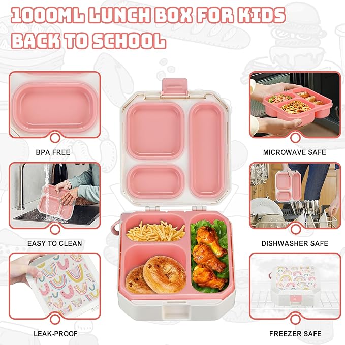 Itslife Bento Lunch Box Set for Kids with 12oz Soup Thermo&Lunch Bag, Leak-Proof Lunch Food Containers for Kids School, 5 Compartment, Sauce Cup, 10 Notes (Rainbow White)