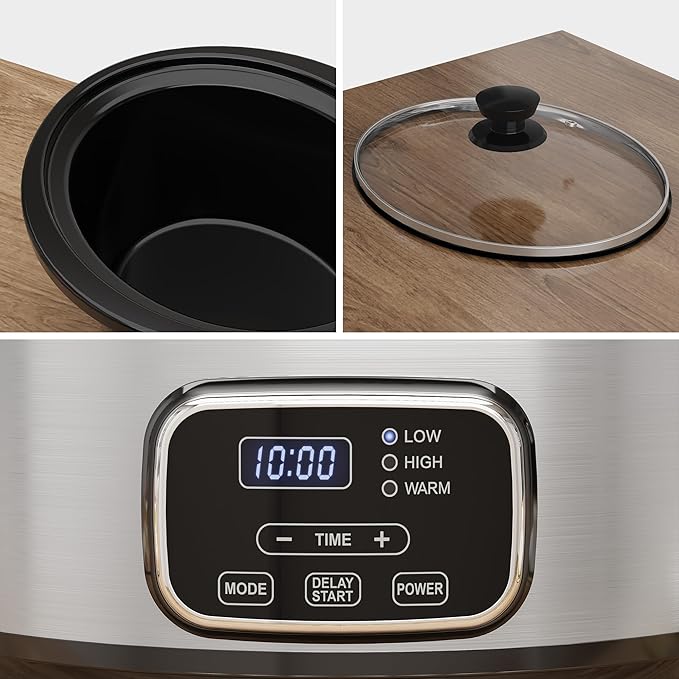 Sunvivi 4QT Programmable Slow Cooker with Locking Lid, Removable Ceramic Pot, 3 Heating Settings & Timer, Dishwasher-Safe, Stainless Steel