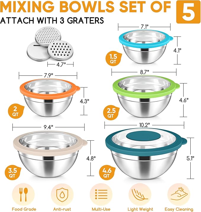 Herogo 5-Piece Mixing Bowls with Visible Lids, 3 Grater Attachments, Stainless Steel Salad Serving Bowls for Kitchen, 4.6/3.5/2.5/2/1.5 QT Ideal for Prepping & Cooking, Colorful