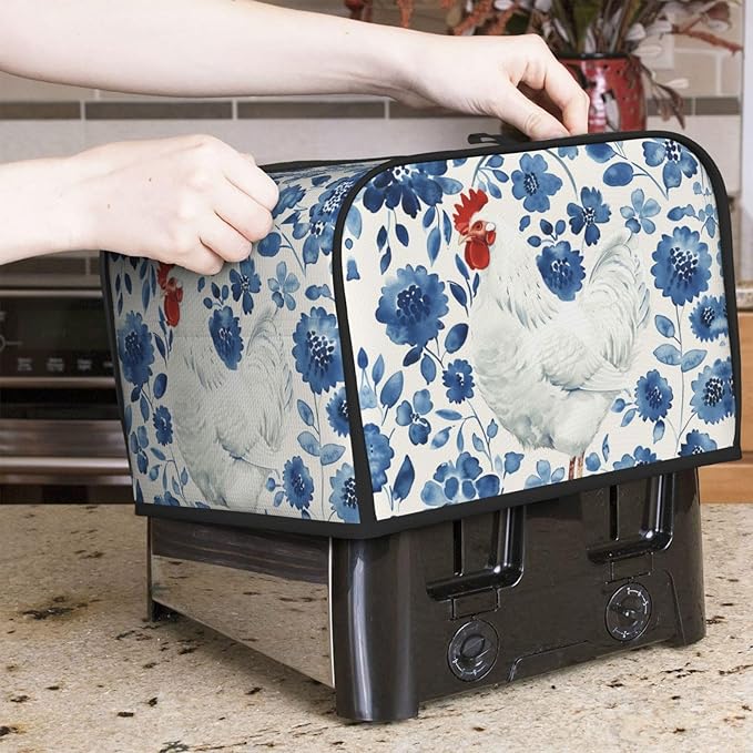 White Rooster On Blue Covers for 4 Slice Toasters,Cute Country Bread Machine Cover with Handle,Washable Stain Resistant Kitchen Small Appliance Cover Dining Decor