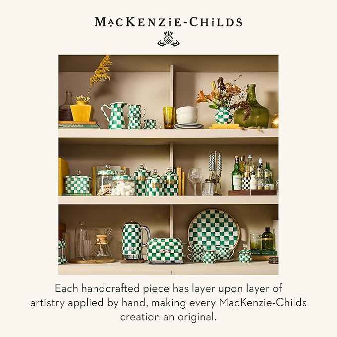 MACKENZIE-CHILDS Enamel Recipe Box, Index Card Box with Lid, Includes 40 Recipe Cards, Green-and-White Emerald Check