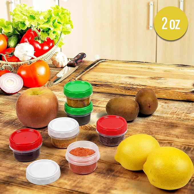 EONJOE 2 oz Plastic Containers with Lids Small Salad Dressing Container To Go Condiment Sauce Dipping Cups Jars Airtight,6-pack