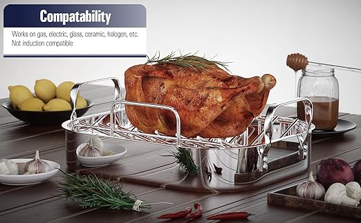 Cooks Standard Stainless Steel Roaster Pan with V-Shaped Rack, Inner 16-Inch x 13-Inch; Edge 17-Inch x 14-Inch; Turkey Roasting Pan Bakeware for Oven, Rectangular