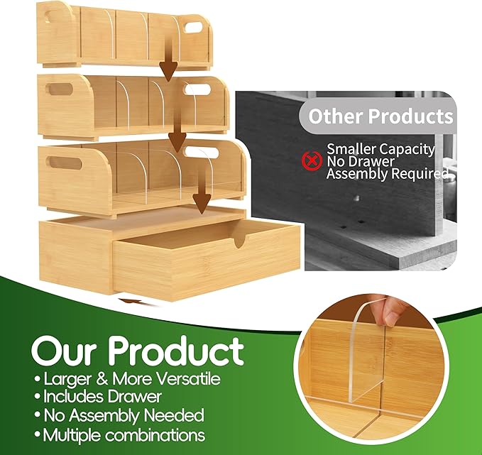Bamboo Tea Bag Organizer for Coffee Bar, 4 Tier Modular Tea Organizer with Drawer, Large Capacity Tea Storage Box, Stackable Tea Station Organizer, No Assembly, Kitchen Counter