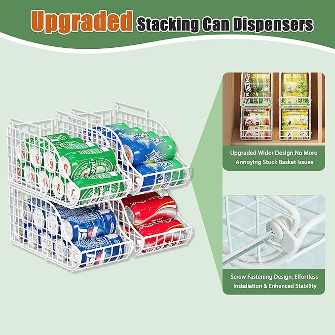 Can Storage Organizer Pantry, Stackable Kitchen Canned Food Holder With Handles, Can Organizer For Pantry Countertop Cabinet, Beverage Drink Pop Soda Can Dispenser Patent Pending (White, 4 Pack)