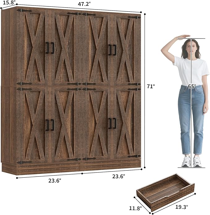 Unikito Kitchen Pantry Cabinet with Farmhouse Barn Doors and Storage Drawer, 8 Adjustable Shelves, Freestanding Tall 71" Cupboard for Dining Room, Living Room, Utility Room, Weathered Brown 2 Pack