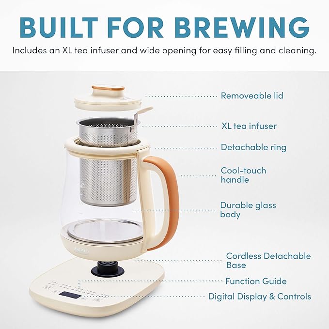 AROMA® Professional Infusion Glass Electric Tea Kettle with Temperature Control and 10 Preset Modes (6 Cups, 1.5 Liters)