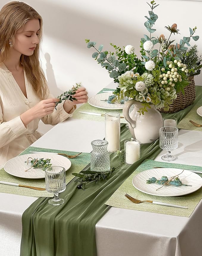 Leetaltree Gradient Green Woven Placemats Set of 12 - Heat Resistant Non-Slip Place mats for Dining Table, Washable Durable PVC Vinyl Woven Table Mats(Gradient Green, 12)