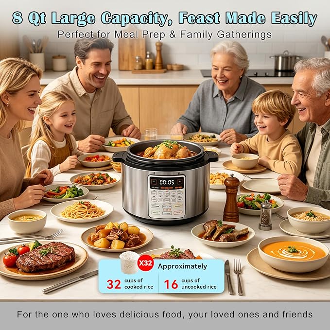 Fullwill 8QT Electric Pressure Cooker Max, 12-in-1 Multi-Use Programmable with Ceramic Non Stick Pot for Sauté,1200W Fast Cooking, Slow Cook, Steam, Yogurt, rice maker cooker,Family Meals & Gatherings