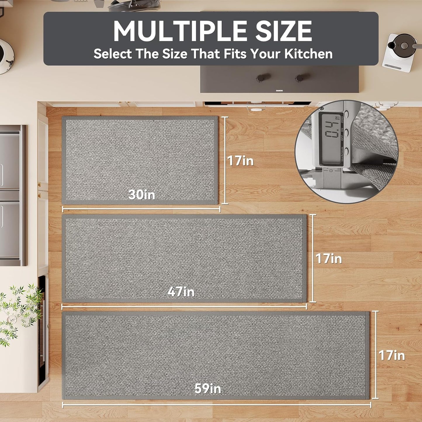 Kitchen Rugs Non Slip Washable, Super Absorbent Kitchen Mats for Floor, Rubber Backing Jute-Like Braid Kitchen Sink Mat Runner Rug Standing Mat, Easy to Clean, Gray 17"x47"
