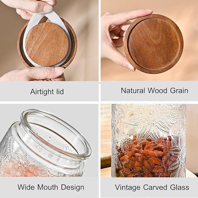 Adodeen 24oz Vintage Glass Jar With Lid, Glass Storage Containers, Airtight Kitchen Storage Containers For Sugar, Coffee, Tea, Spice, Flour, Candy Cookie, Pasta, Cereal, Cute Decorative Jars