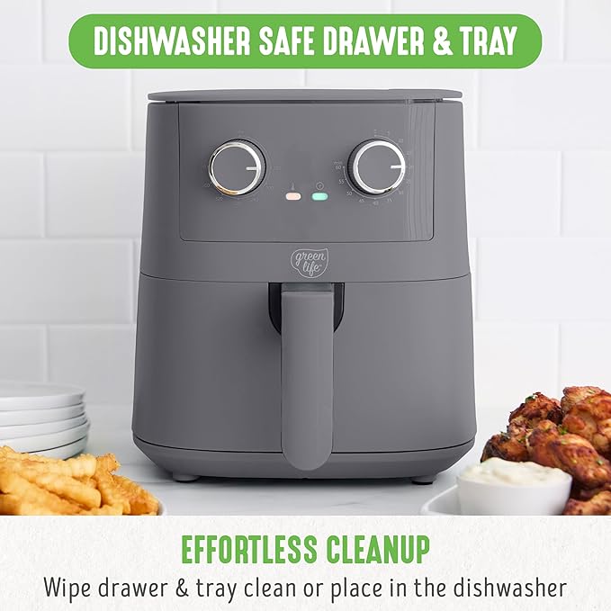 GreenLife 4.5QT Air Fryer, Mechanical Dial Controls, PFAS-Free Ceramic Nonstick Drawer, Adjustable Temp & Timer, LED Indicator, Oil-Less Cooking, Dishwasher Safe, Compact Family Size, Graphite