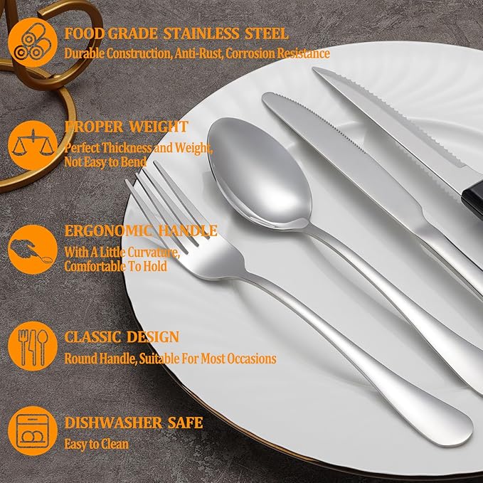 72 Pcs Silverware Set with Steak Knives Service for 12,Stainless Steel Flatware Set,Mirror Polished Cutlery Utensil Set,Home Kitchen Eating Tableware Set,Include Fork Knife Spoon Set,Dishwasher Safe