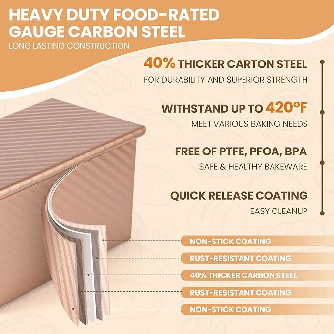 Yupjlia Pullman Loaf Pan with Lid, Premium 1 lb Dough Sandwich Nonstick Bread Pan with Lid for Homemade Bread, Heavy Duty Carbon Steel Corrugated Pullman Toast Box with Cover for Baking, Bakeware