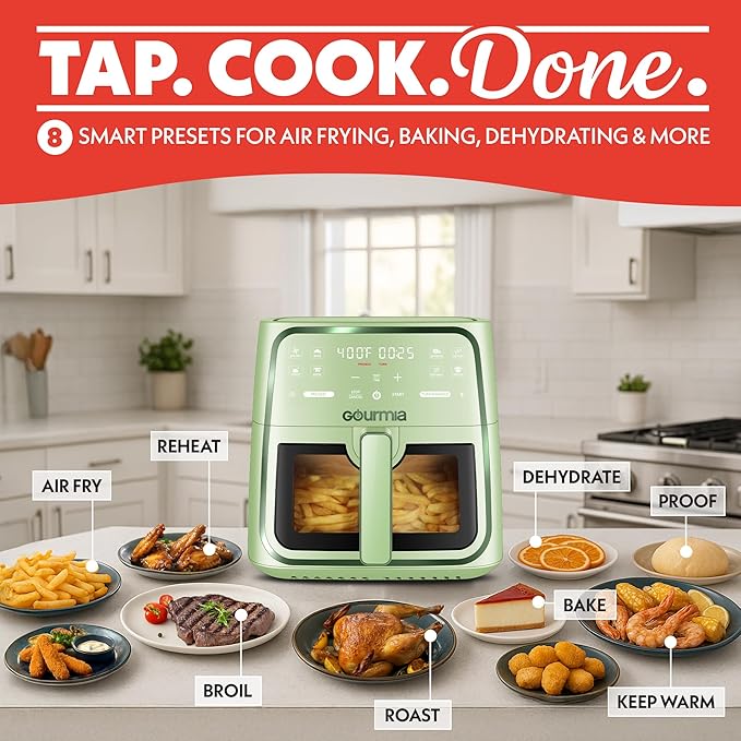 Gourmia 8 Qt Air Fryer, 8 Presets with Digital Display, FryForce 360° Technology, Easy View Window & Interior Light, Dishwasher Safe Basket, Green
