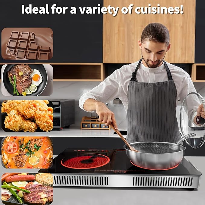 Karinear 2 Burner Electric Cooktop 110V, Portable Electric Stove with Handle, Knob Control Electri Hot Plate, Ceramic Countertop Burner, Timer, Safety Lock, 9 Power Level, 2000W, 24 inch(Gold)