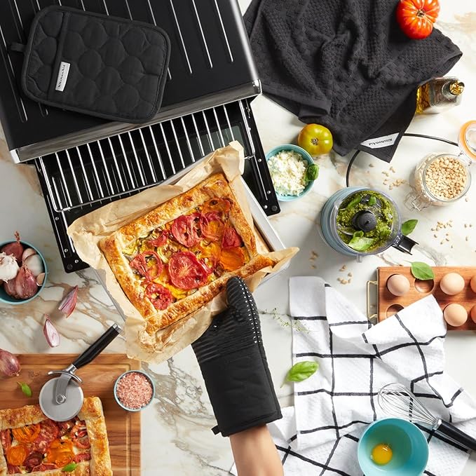 KitchenAid Quilted Cotton Terry Cloth Oven Mitt, Pot Holder, Kitchen Towel 4-Pack Set, Heat Resistant, Silicone Grip, Gift Set, Matte Black, 16"x26", 7"x13" & 7"x10"