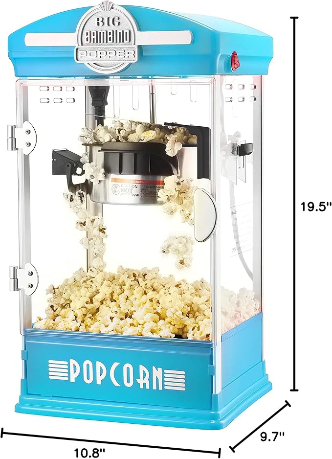 Big Bambino Popcorn Machine - Old-Fashioned Popcorn Maker with 4-Oz Kettle, Measuring Cups, Scoop, and Serving Cups by Great Northern Popcorn (Blue)