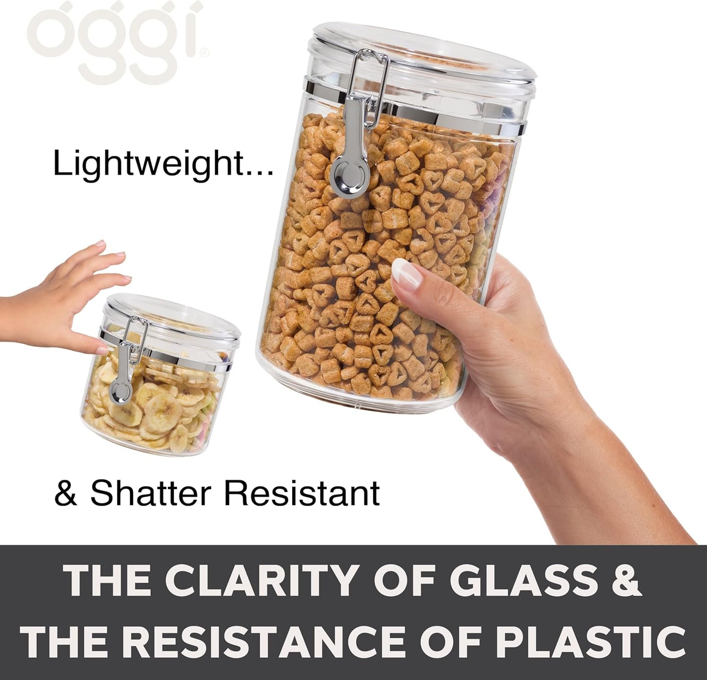 Oggi Clear Canister with Clamp Lid, 28 oz - Large Airtight Food Storage Container, for Kitchen & Pantry Storage of Bulk, Dry Foods Including Pasta, Flour, Sugar, Coffee, Rice, Tea, Spices & Herbs