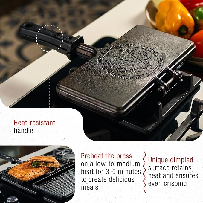 Victoria Cast Iron Panini Maker, Preseasoned Cast Iron Sandwich Maker and Pie Iron with Heat-Resistant Handle, Made in Colombia