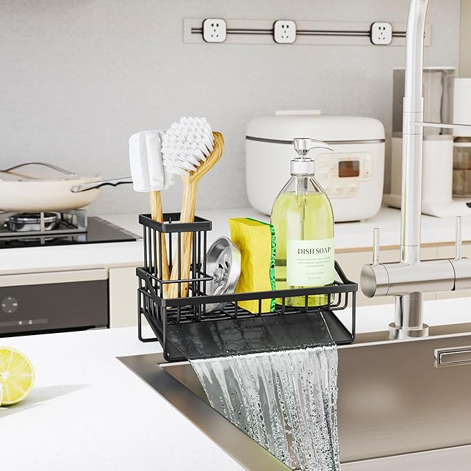 SWTYMIKI Sink Caddy Sponge Holder - Kitchen Sink Organizer with Stainless Steel Self Drain Tray & High Brush Holder for Countertop to Hold Dish Soaps and Sponges, Stainless Steel, Black