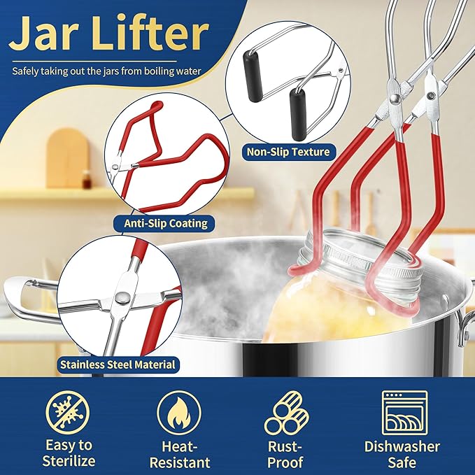 Canning Supplies Starter Kit,Canning Kit for Beginners of 9 with Jar Lifter，Wide Mouth Funnel,Wrench,Tongs,Lid Lifter,Bubble Popper,Canning Labels,ladle,Measuring spoon-Red