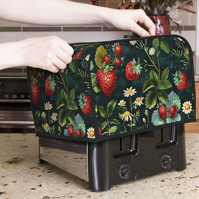 Red Strawberries Covers for 4 Slice Toasters,Cute Country Bread Machine Cover with Handle,Washable Stain Resistant Kitchen Small Appliance Cover Dining Decor