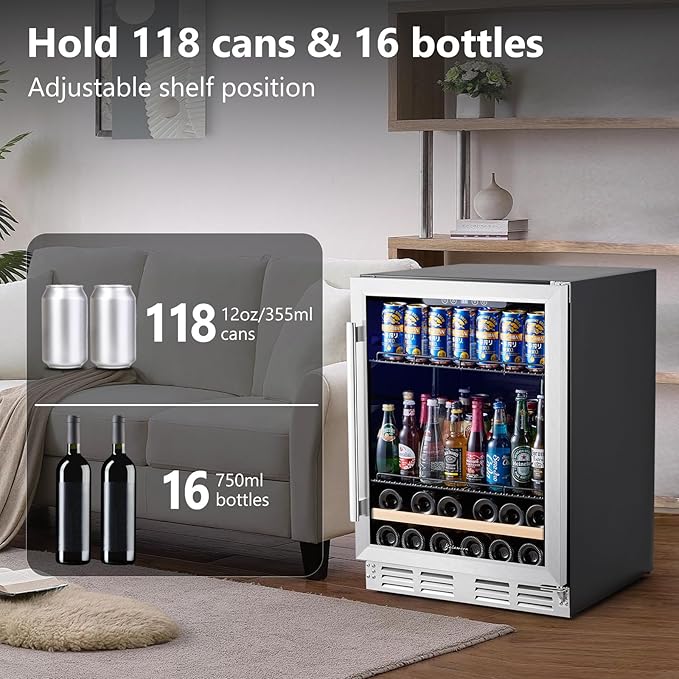 Beverage Fridge 24 Inch Beverage and Wine Cooler Built-in or Freestanding - 120 Cans & 16 Bottles Capacity Wine Refrigerator Cooler