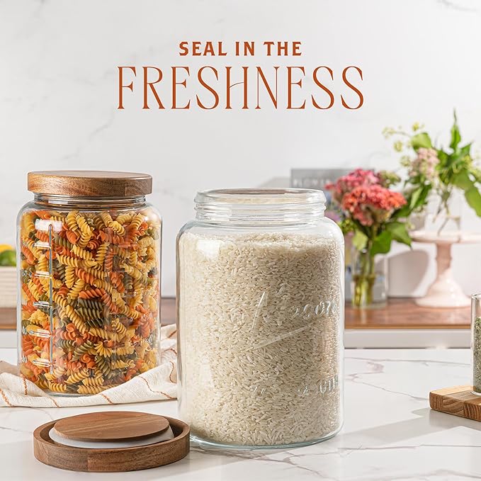 1 Gallon Glass Mason Jar with Airtight Wooden Lid, Wide Mouth Large Food Storage Container with Measurement Markings For Kitchen Pantry, Pickling, Cookies, Flour & Sugar - 2 Pack