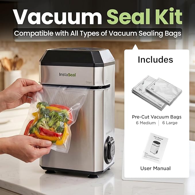 InstaSeal Vacuum Sealer for Food with 12 Bags, Preserves Foods 5x Longer, Space Saving Compact Upright Design Allows Machine to Seal Marinades, Soups, Meats for Sous Vide Cooking, Vegetables