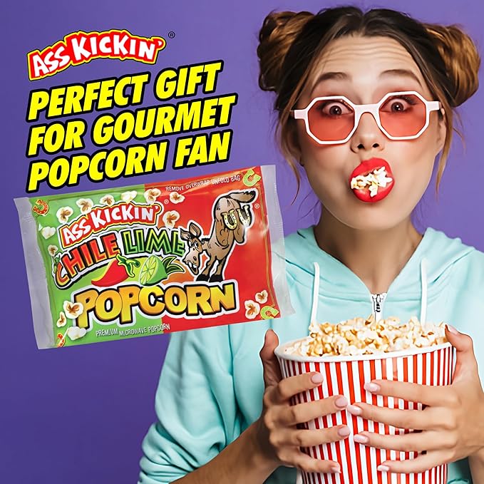 ASS KICKIN' Chile Lime Microwave Popcorn Bags - 6 Pack - Ultimate Spicy Popcorn Gourmet Gift - Makes a Great Movie Theater Popcorn or Snack Food for Movie Night