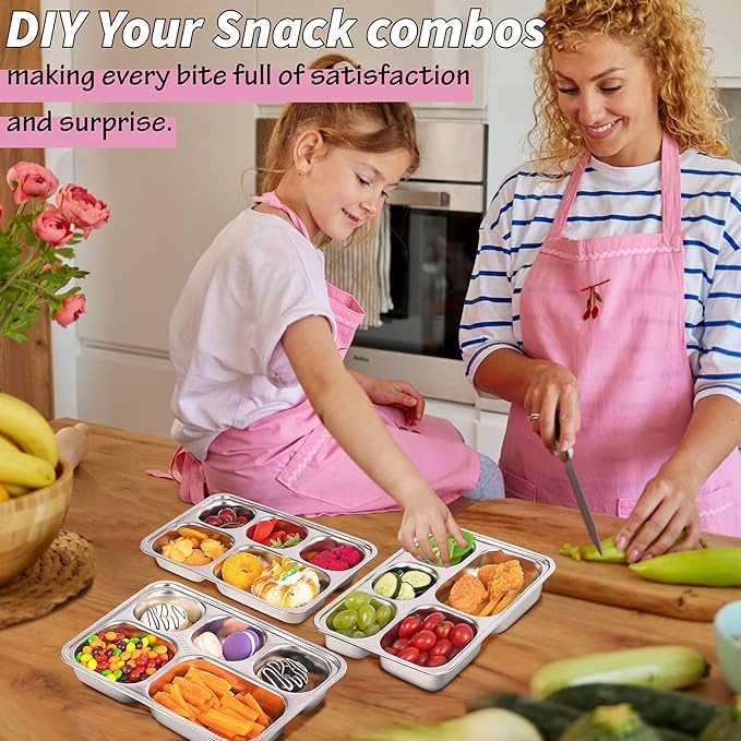 Stainless Steel Snack Containers with Plastic Lids - 3 Pack - 5 Compartments Bento Snack Boxes - Large Reusable Meal Prep for Kids Adult - Divided Food Storage Container for School, Lunch, Home Travel