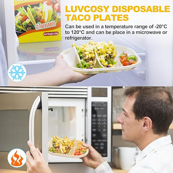Small Disposable Taco Plates With Dipping Sides - 150 Pack, Biodegradable Cornstarch Taco Holder, Mini Size Fit 4-6 Inch Street Tortilla Shells, Sturdy & Microwave Safe, Bar Serving Set For A Party